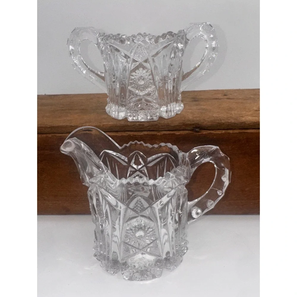 Vintage‎ EAPG Daisy and Button Crossbars Clear Glass Sugar Bowl and Creamer Set
